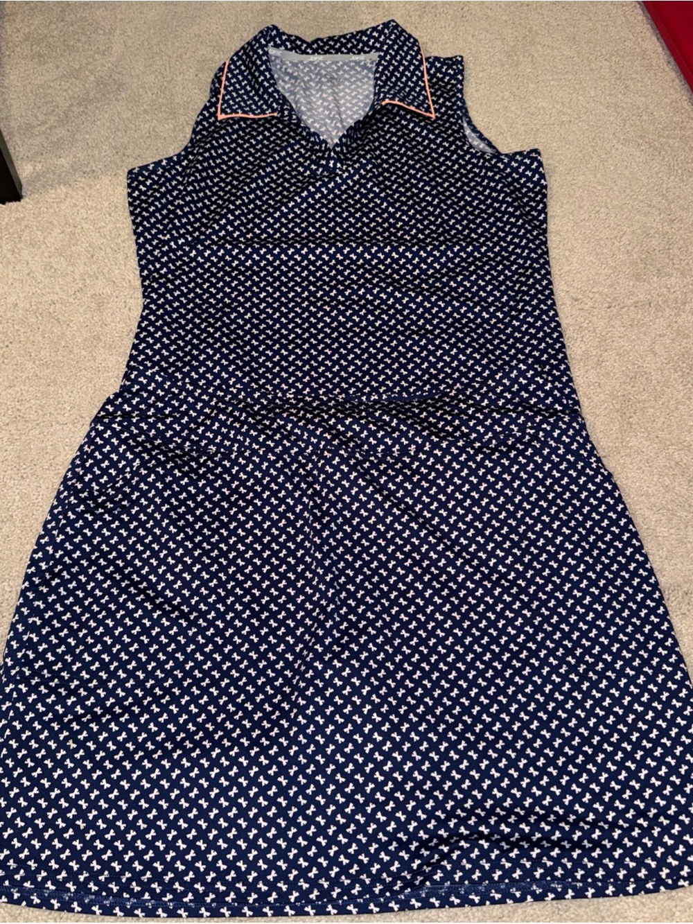 Women’s Golf 2 piece outfit Jofit Navy Sleeveless Midi Polo Dress w/ Coral Trim